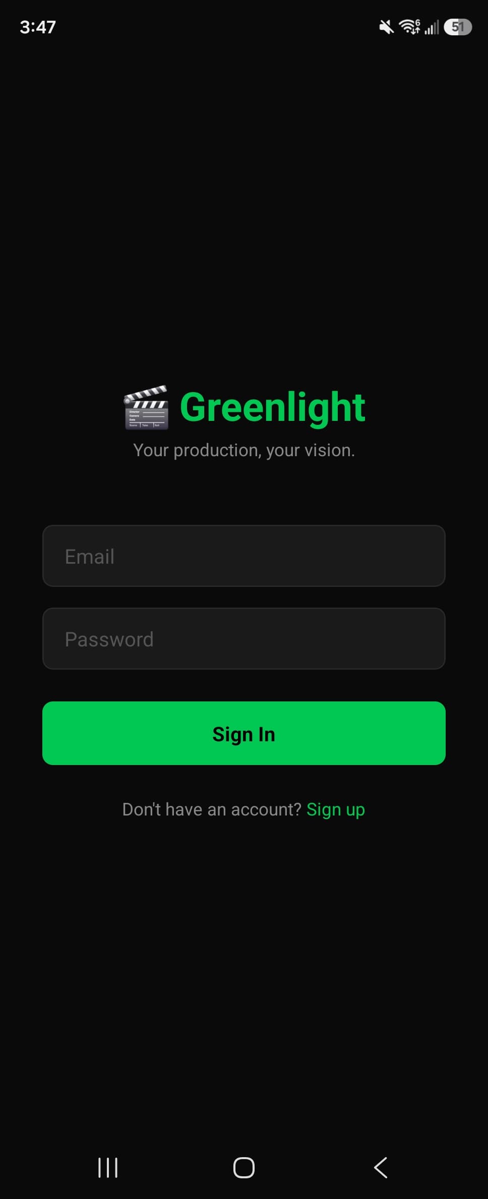 Greenlight Studio sign in screen